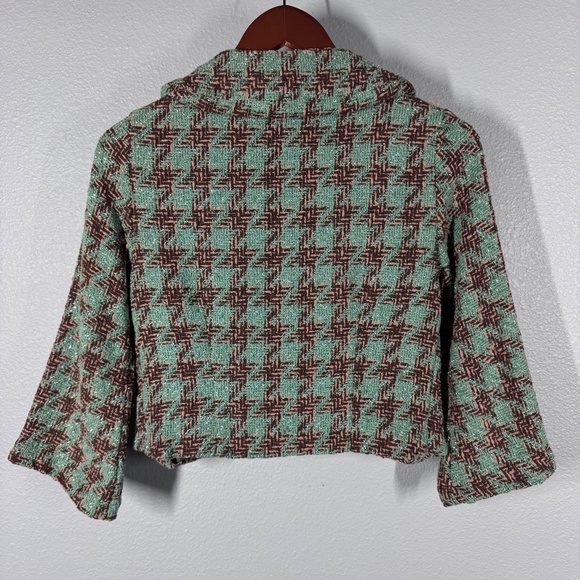 VTG Voxx Bouclé Cropped Blazer | Green Brown Metallic Shimmer Cowl Neck - Size M - Picture 5 of 10